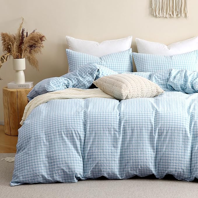 TOCOMOA Light Blue Gingham Duvet Cover Bedding Set 100% Washed Cotton Like Linen Feel Super Soft Comfy 3 Piece Vintage Plaid Checkered Comforter Cover Set (King 104"x90", Comforter Not Included)