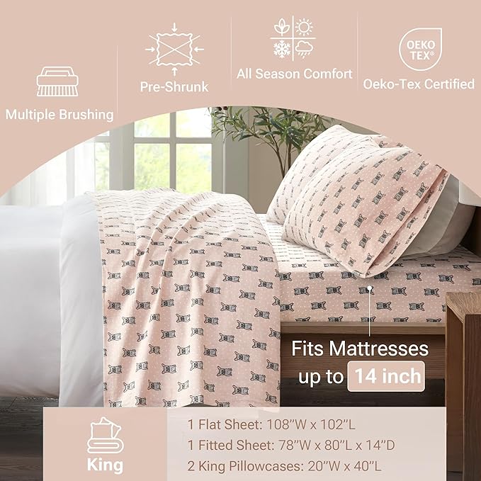 True North by Sleep Philosophy Cozy Flannel Warm 100% Cotton Sheet - Novelty Print Animals Stars Cute Ultra Soft Cold Weather Bedding Set, King, Pink French Bulldog 4 Piece