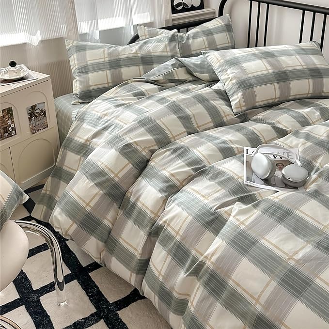 Plaid Full Size Comforter Set Geometric Plaid Grid Comforter Set Fluffy Soft Microfiber Bedding Comforter Farmhouse Checkered Comforter Set for All Season 3 Piece Plaid Bedding Comforter Set Full Size