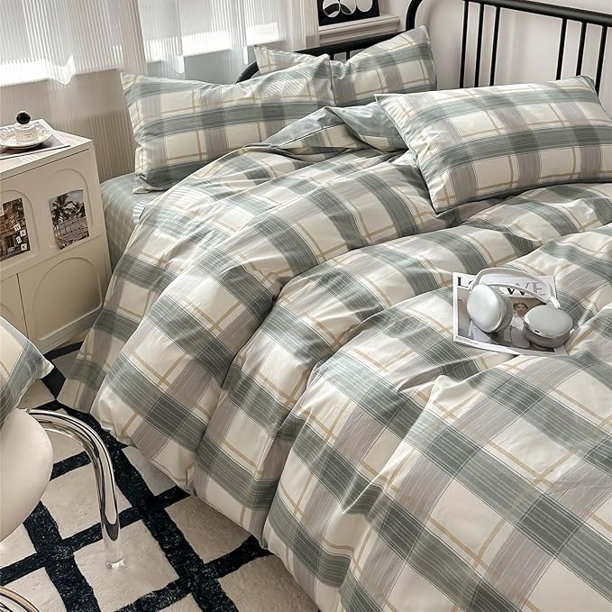 Green Plaid Duvet Cover King Soft Cotton Grid Plaid Bedding Set Geometric Checkered Gingham Comforter Cover for Men Boys Modern Style Plaid Comforter Cover 1 King Duvet Cover with 2 Pillowcases