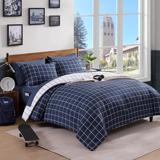 Plaid Twin XL Comforter Set Dark Blue, Reversible Checkered Bedding Set 5 Pieces for Boys Girls Teen, Lightweight Bed in a Bag for Dorm with Sheets, Pillowcase & Sham