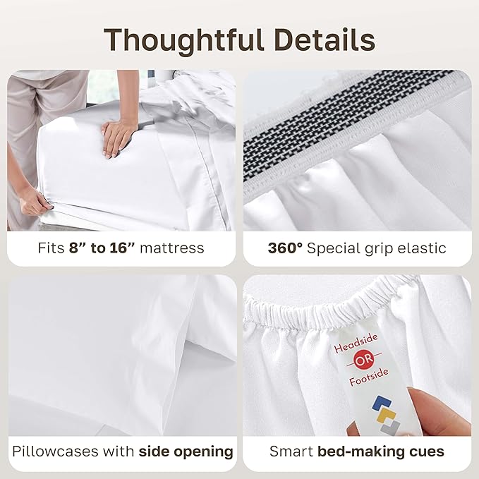 California Design Den King Size Sheets Set - 1000 Thread Count Sateen, Thick and Natural 100% Cotton King Bed Sheets, Deep Pockets, Durable Bedding Set - White