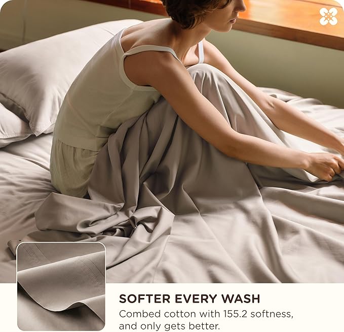 Bedsure Cooling Sheets, Rayon Derived from Bamboo & Cotton Blend, GentleSoft, Breathable, Queen Sheet Set, Deep Pocket Up to 18 Inches, Hotel Luxury Bedding for Hot Sleepers, Simply Taupe