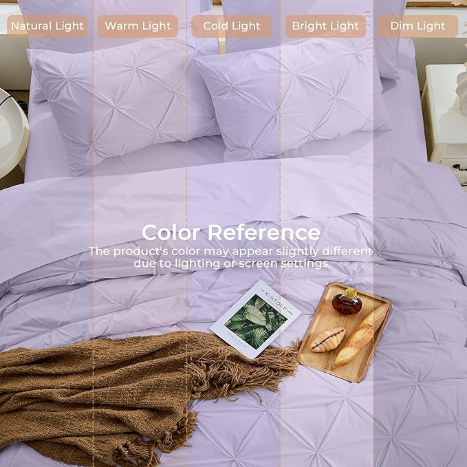 Sasttie Queen Comforter Set, 7-Piece Bed in a Bag, Pintuck Bedding Sets for All Season, Includes Comforter, Flat Sheet, Fitted Sheet, Pillowcases and Pillowshams, Lavender