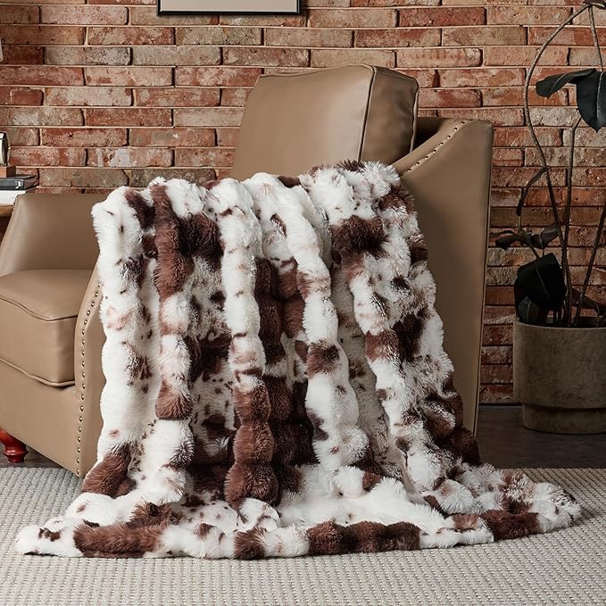 Lotus Karen Faux Fur Throw Blanket Cow Print-Dark Brown, Fluffy Fuzzy Plush Bubble Blanket for Couch, 108x90 Inches Cozy Shaggy Rabbit Blanket, Luxury Decorative Gifts for Sofa Bedroom Living Room.