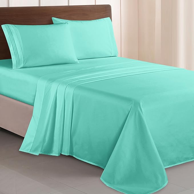 Elegant Comfort Luxurious 1500 Premium Hotel Quality Microfiber Three Line Embroidered Softest 4-Piece Bed Sheet Set, Wrinkle and Fade Resistant, King, Paradise Teal