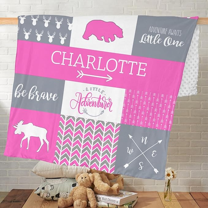 Personalized Baby Blanket for Girls, 35x45 Inches Soft Double Layer Baby Blankets with Dotted Backing, Receiving Blanket Bed Throws for Newborn, Infant, Babies, Bear, Light Pink