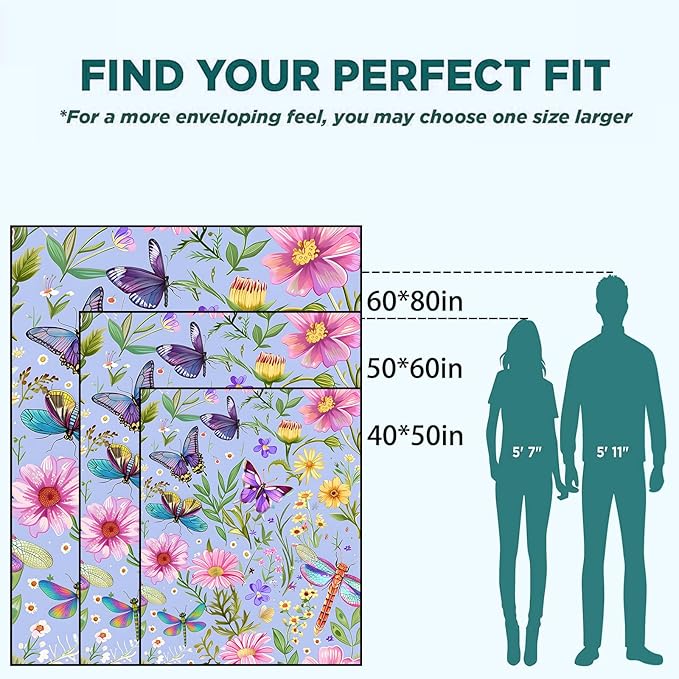 Floral Insect Blanket Lightweight Blankets Gifts for Women Flannel Throw with Colorful Flower Butterfly and Dragonfly Printed for Sofa, Bed, Travel, Picnic, Spring Decor Throws 50x40 Inch