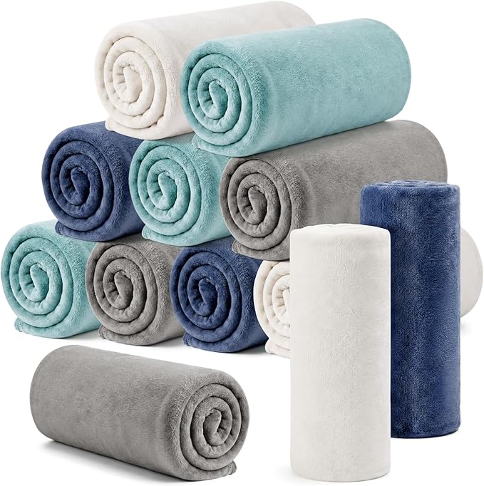 Tinideya Flannel Fleece Throw Blanket Bulk 50 x 60 Inch Soft Fleece Blanket Warm Throw Blankets Coral Blankets for Couch Sofa Home Wedding Gifts Season(Serenity Color,12 Pcs)