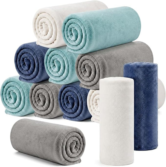 Tinideya Flannel Fleece Throw Blanket Bulk 50 x 60 Inch Soft Fleece Blanket Warm Throw Blankets Coral Blankets for Couch Sofa Home Wedding Gifts Season(Serenity Color,12 Pcs)