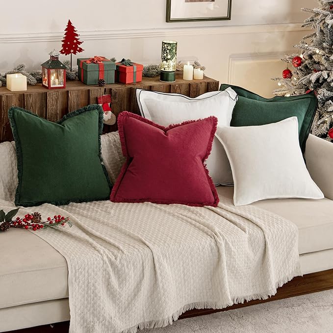 MIULEE Decorative Throw Pillow Covers Neutral Linen Fringe Throw Pillows Euro Shams Set of 2 Burgundy Boho Farmhouse Cushion Covers for Couch Sofa Bed Living Room Home Decor 24x24 Inch