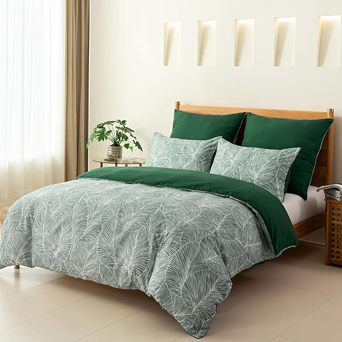 Lekesky Emerald Green Duvet Cover Queen Size, Reversible Queen Comforter Cover with Tropical Leaves Pattern, Soft 100% Washed Microfiber 3 Pieces Green Bedding Set with Zipper and 2 Pillowcases