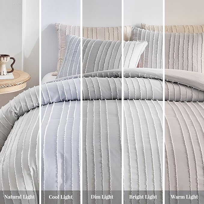 WARMDERN Light Grey Tufted Duvet Cover Set Queen Size, Striped Textured Duvet Cover Boho Bedding Set, 3 Pcs Ultra Soft Washed Microfiber Duvet Cover with Zipper Closure (Queen, Light Grey)