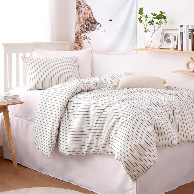 Wake In Cloud - Striped Cotton Duvet Cover Set, Ticking Stripe Vertical Pinstripe Farmhouse, 100% Washed Cotton Textured Percale Bedding Set, 3 Pieces, White, Twin Size