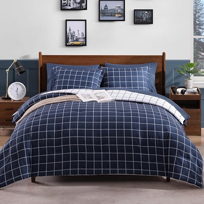 Plaid Twin XL Comforter Set Dark Blue, Reversible Checkered Bedding Set 5 Pieces for Boys Girls Teen, Lightweight Bed in a Bag for Dorm with Sheets, Pillowcase & Sham