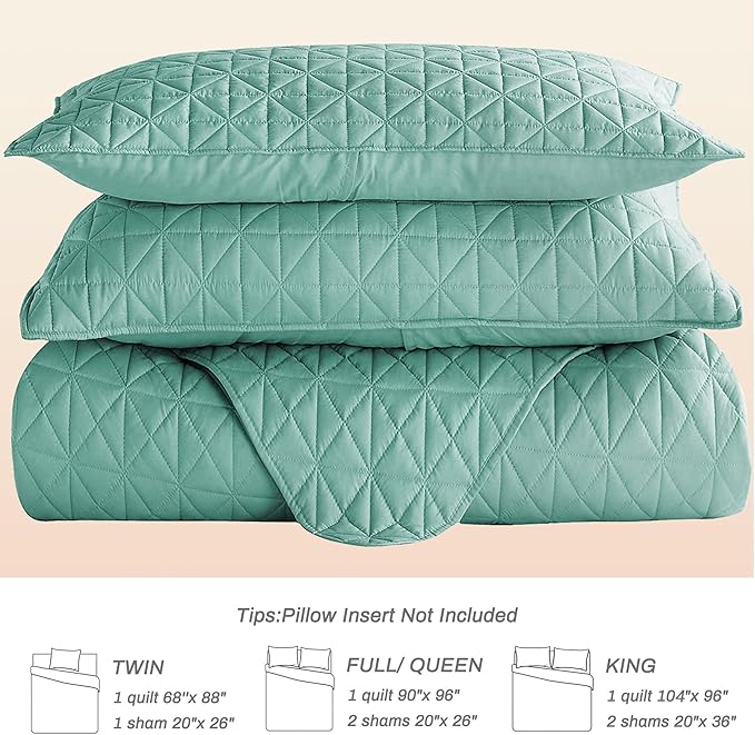 Exclusivo Mezcla Quilts King Size Bedding Set with Stitched Grid Pattern, Lightweight Summer Green Bedspreads Coverlets Bed Cover for All Seasons (1 Quilt and 2 Pillow Shams)