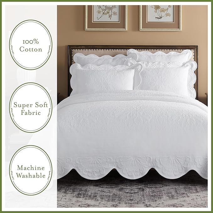 Charleston Estate Modern Farmhouse Floral Matelasse Bedspread with Scalloped Edges, 100% Cotton Breathable Bedding, Full/Queen, White Floral