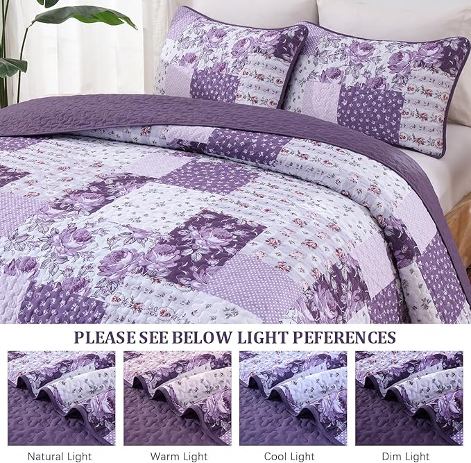 Purple Quilt Set King Size, Boho Floral Plaid Bedspread Coverlet Set, Patchwork Quilt Bedding Set, Farmhouse Soft Lighweight Bedspread Set for All Season