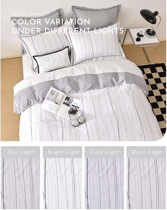 Modern Urban 100% Natural Cotton Duvet Cover Sets 3Pcs - Gray Artistic Lines Pattern on White with Textured Light-Gray Reverse, Minimalist Bedding Set with Button Closure(Queen,90"×90"