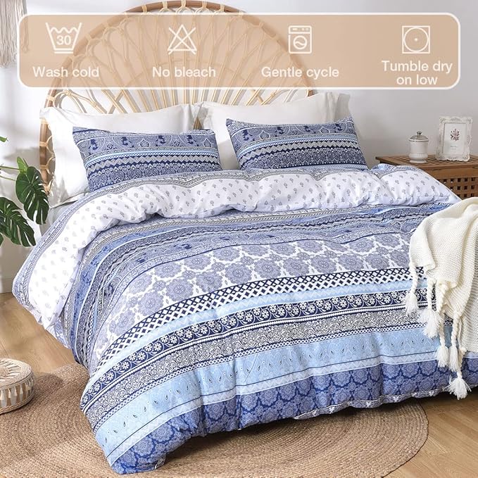 Lekesky Boho King Size Duvet Cover Set, Boho Blue Retro Comforter Cover King Floral Striped Printed, Luxury Soft Microfiber Bedding Set with Zipper Ties