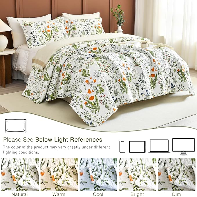 QSH 100% Cotton Floral Quilt Queen Set (90"x98") Yellow Flowers Leaves Plants Pattern Botanical Printed Bedspread Bedding, 3Pcs Soft Lightweight Quilt Coverlet Queen for All Seasons