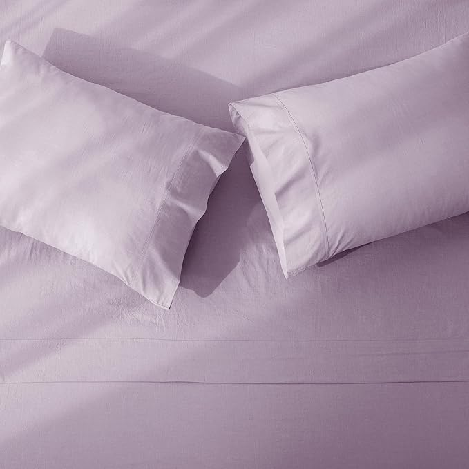 JIYUAN 100% Washed Cotton Sheet Set 4 Pieces Full,1 Fitted Sheet,1 Flat Sheet and 2 Pillowcases,Comfy and Breathable Linen Like Bedding Set,Heathered Light Purple
