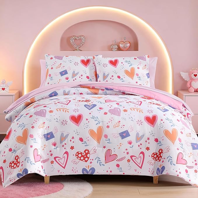 Twin Comforter Set for Girls Kids - 5 Pieces Heart Twin Bedding Sets for Girls Teen, Soft Cozy Bed in A Bag with Sheets