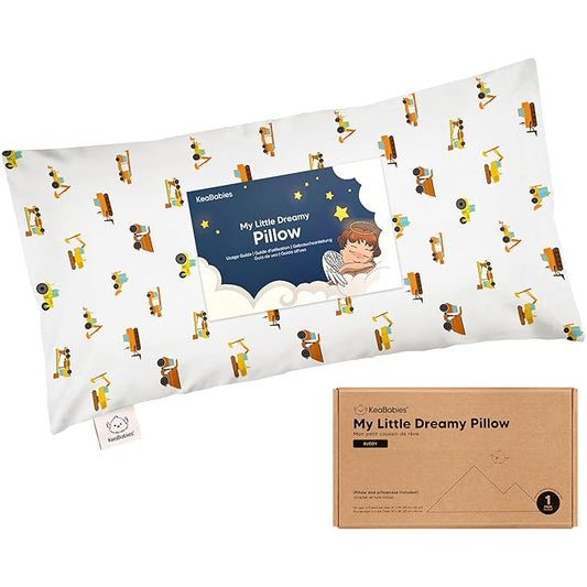 Toddler Pillow with Pillowcase - 10x18 My Little Dreamy Kids Travel Bed Pillows for Sleeping, Organic Cotton Small Pillowcase, Soft & Breathable, Machine Washable, Toddlers 2-5 years old(Construction)