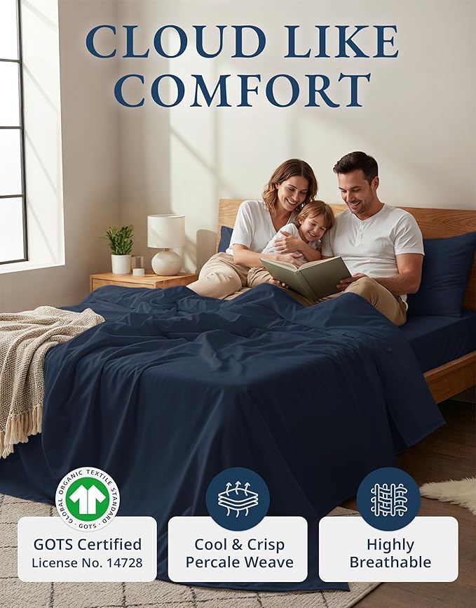 LANE LINEN Eco Friendly 100% Organic Cotton Bed Sheets Queen Size, Soft & Comfy Percale Weave, Fully Elasticized Mercerized Naturally Cooling Cotton Sheets Queen Size Set- Navy