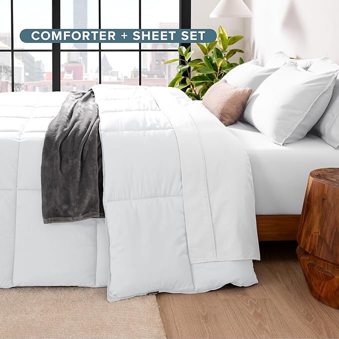 Bare Home Bedding Set 4 Piece Comforter & Sheet - Twin XL - Goose Down Alternative - Ultra-Soft 1800 Premium Bed Set (Twin XL, White/White)