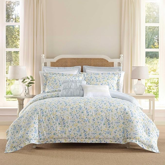 Laura Ashley - Twin Comforter, Soft Reversible Bedding Set, Includes Matching Shams with Bonus Euro Shams & Throw Pillows, Dorm Room Essentials (Nora Blue, Twin)