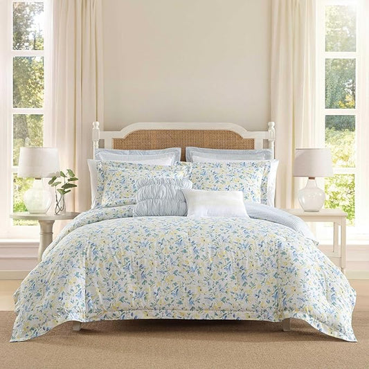 Laura Ashley - King Comforter, Soft Reversible Bedding Set, Includes Matching Shams with Bonus Euro Shams & Throw Pillows, Farmhouse Home Decor (Nora Blue, King)