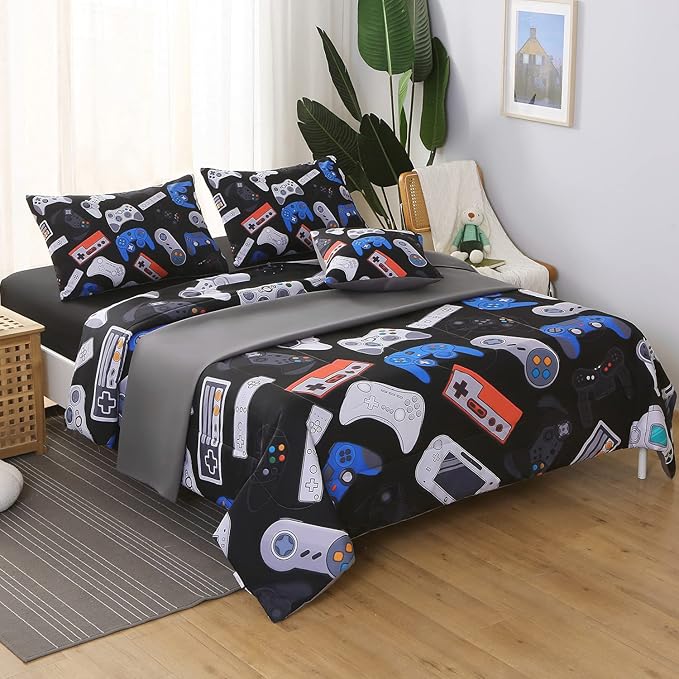 JQinHome Queen Gamer Comforter Set for Boys,6 Piece Bed in A Bag 3D Video Game Bedding -All Season Soft Microfiber Down Alternative Comforter Gamer Bedding Sets for Kids(Gamepad Collection)