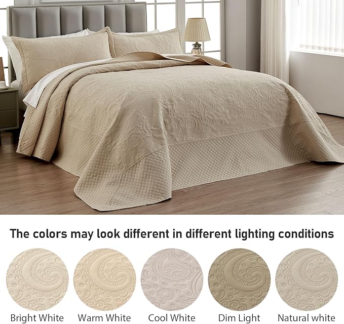 Qucover Oversized King Bedspreads 128x120, Soft Microfiber Ultrasonic Quilting Paisley Pattern California King Quilt Sets Oversized, 3 Piece Oversized Coverlet Bedding, Beige