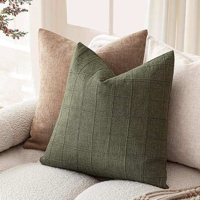 Foindtower Set of 2 Decorative Linen Check Throw Pillow Covers Neutral Farmhouse Vintage Cushion Covers Modern Boho Home Decor for Sofa Chair Couch Bedroom Living Room,22×22 Inch,Olive Green