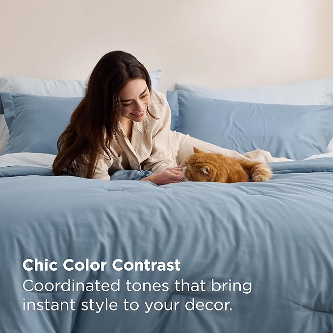 Bedsure Twin Comforter Set - 5 Pieces Grayish Blue Twin Bedding Set for All Seasons, Boho Contrasting Design Bed in a Bag with Comforter, Sheets, Pillowcase & Sham