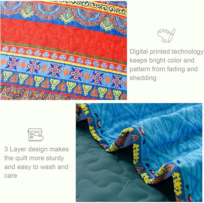 Exclusivo Mezcla Reversible Boho Quilts Queen Size, Blue Bedspreads Lightweight Coverlet All Season Bohemian Quilt Bedding Set with Printed Floral Pattern (1 Quilt, 2 Pillow Shams)