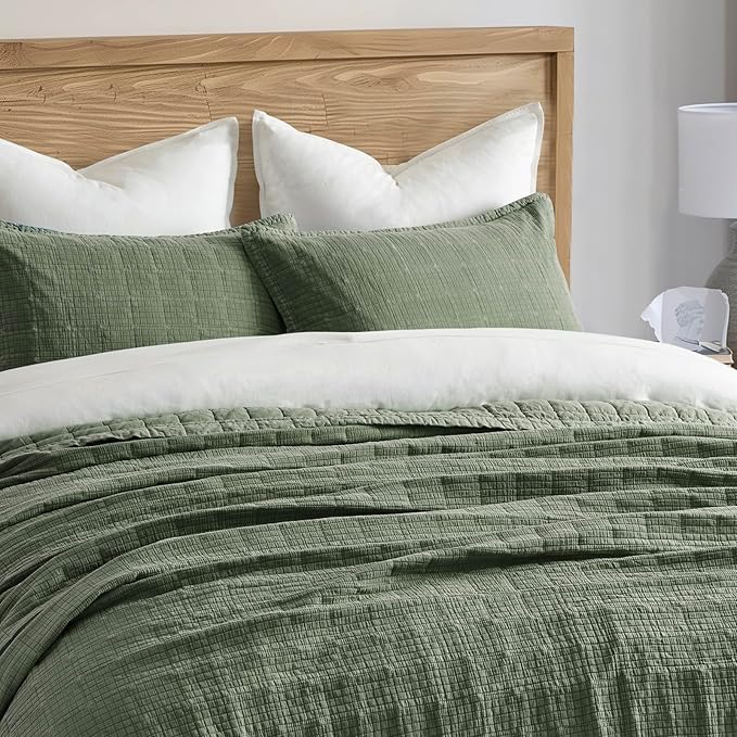 EVERGRACEHOME Stonewashed Cotton Quilt Set Full Queen Size, Ultra Soft Oversized Bedspread Coverlet Set, Lightweight Crinkle Box Stitch Bedding Sets for All Season, with 2 Shams, Olive Green