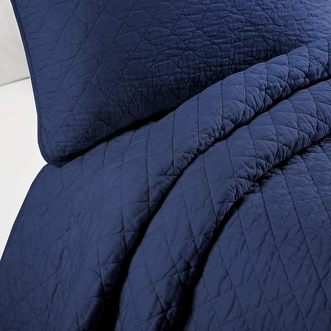 Lush Decor Ava Quilt Diamond Pattern Solid 3 Piece Oversized Bedding Blanket Bedspread Set - Full/Queen - Navy