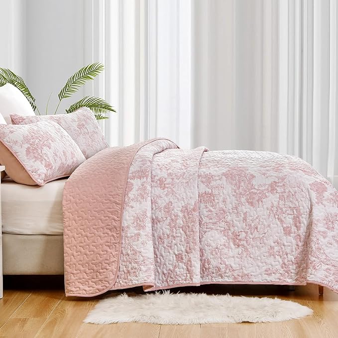 WONGS BEDDING Quilt Set Queen Size, 3 Pieces Pink Floral Plants Printed Bedspread Coverlet Set Soft Lightweight Microfiber Botanical Bedding Set for All Season (96"x90")