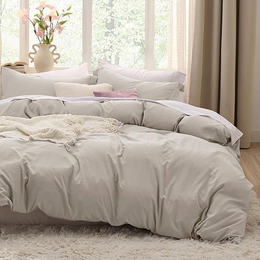 Bedsure Oversized Queen Duvet Cover - 3 Pieces Prewashed Cotton-Like Polyester Extra Soft Bedding Set, Includes 1 Duvet Cover 98x98 Inches with Zipper Closure & 2 Pillow Shams, Linen, No Comforter