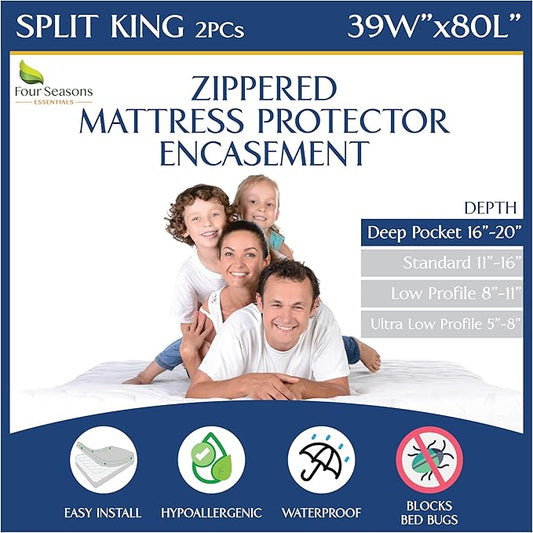 Split King Mattress Encasement 39" x 80" (2PCs Twin XL) - Waterproof Zippered Protector Hypoallergenic Premium Quality Deep Pocket Cover for Adjustable Beds and Split Mattresses (16"-20" Depth)