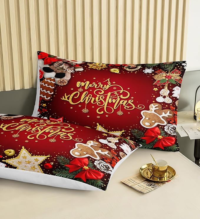 Bedbay Merry Christmas Bedding Queen Comforter Set Red Chritsmas Quilt Set Lightweight Down Comforter 4 Pcs Xmas Festival Theme Bedding Set 1 Comforter 2 Pillowcases 1 Cushion Cover(Red,Queen)