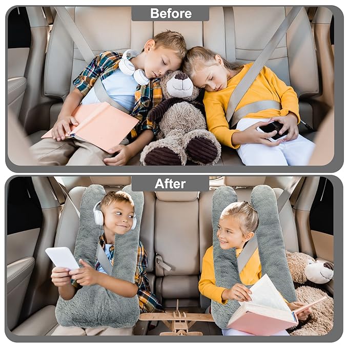Hoteam 2 Pcs Travel Pillow Car Sleeping Kid Neck U Shaped for The Back Seat Adults Children Head and Body Support Long Distance Journey Accessories (Gray)