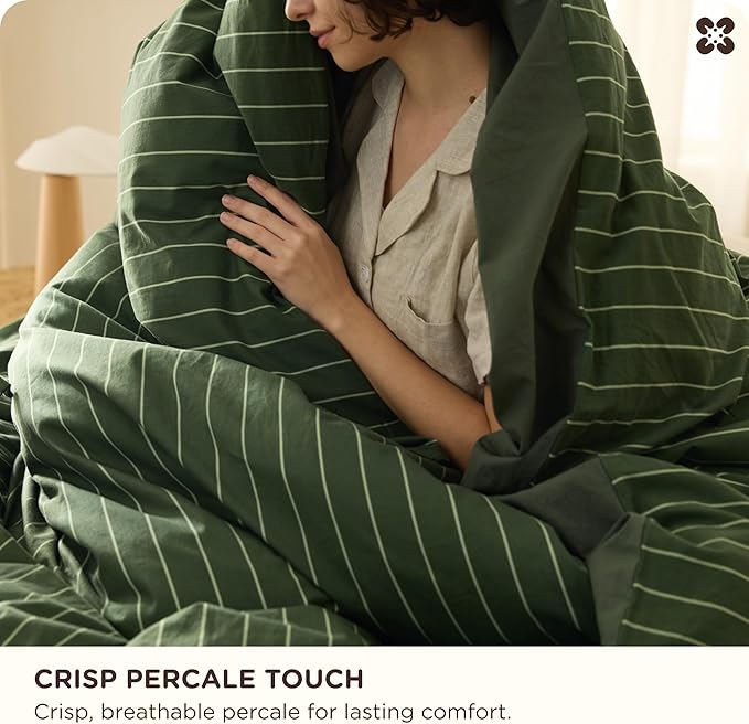 Bedsure Striped Duvet Cover King Size,100% Washed Cotton Duvet Cover Linen Like Textured, Classic Striped Pattern Enhances Bedroom Comfort and Style, Stripes Olive Green, 104"x90"