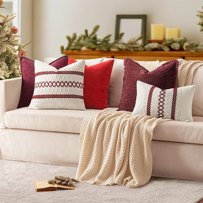 MIULEE Pack of 2 Christmas Pillow Covers 18x18 Inch Burgundy Red Farmhouse Decorative Throw Pillow Covers with Stitched Edge Soft Chenille Solid Dyed Couch Pillow Covers for Sofa Bed Living Room