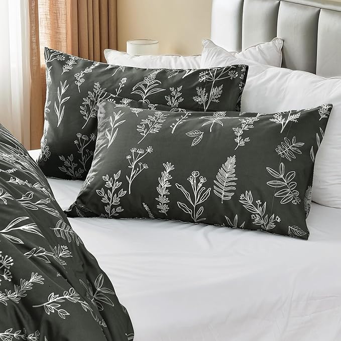 MUXHOMO Duvet Cover Full Size, Reversible Floral Dark Grey Duvet Cover Set with Zipper Closure, 3 Pieces Botanical Patterns Soft Microfiber Bedding Set with 4 Ties (80"x90", 2 Pillow Cases)