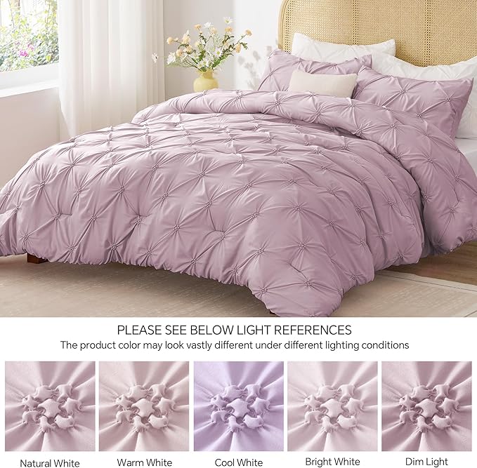 BEDELITE Light Purple King Size Comforter Set - 3 Pieces Boho Pintuck Bedding Comforter Sets, Lightweight Soft & Warm King Bedding Set with 2 Pillowcases for All Season