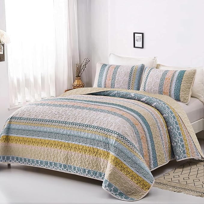 WONGS BEDDING Boho Quilt Set Twin Size, Yellow Bohemian 2 Pieces Fall Quilt Sets, Blue Lightweight Bedspread Coverlet Bedding Set for All Season (68"x86")