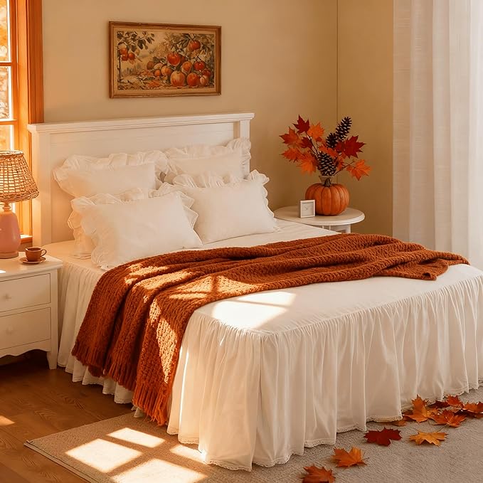 Twin Size 18" Drop - White Lightweight Cotton Bed Skirt with Crochet Trim - Dust Ruffle with Split Corner - Soft, Elegant, Breathable Bedding Accessory